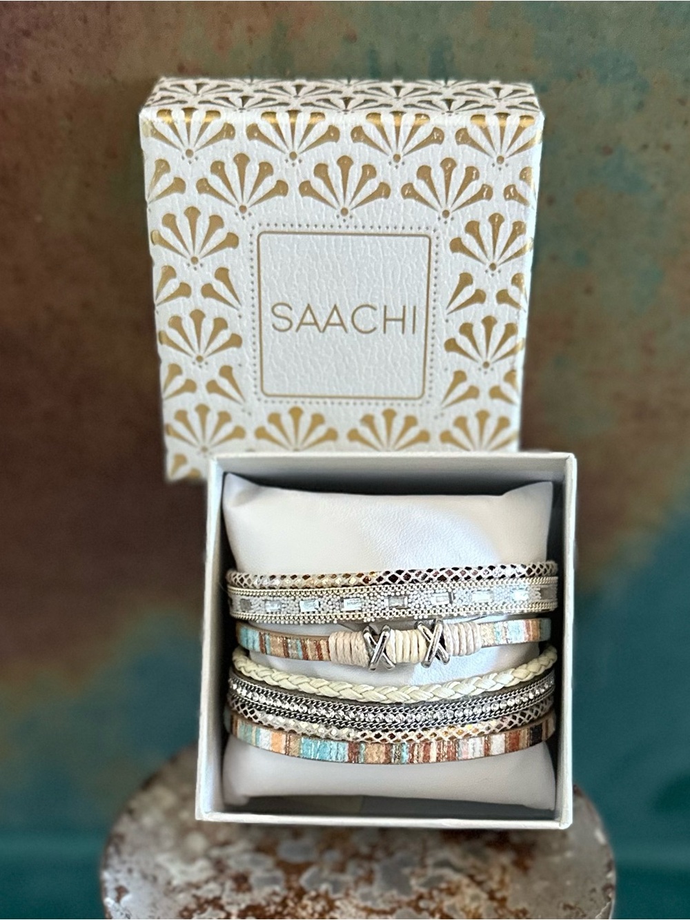 SAACHI Stacked Beaded & Braided Bracelet Set in White, Silver, Turquoise